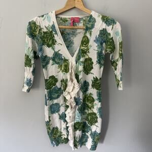 Charlotte Tarantola Sweater Womens Small Green Rose Cardigan Dainty Ruffle Trim